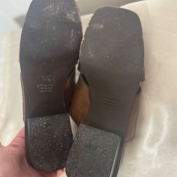 Talbots Made in Italy Brown Woven Leather Slides Heeled Sandals 7M Square Toe - Picture 5 of 9